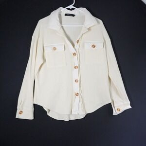 Oversize Baggy Cream Waffle Knit Button Up Shirt Long Sleeve Size M Comfy Cozy